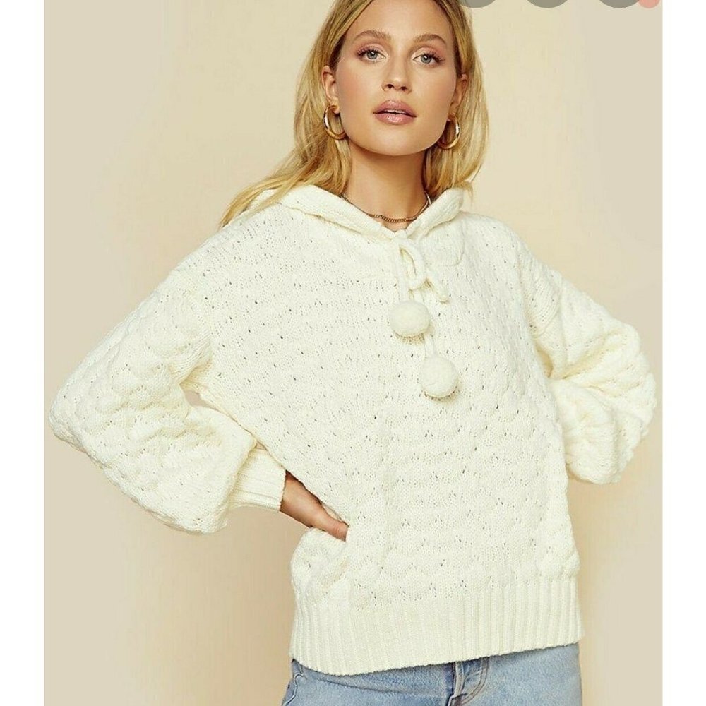 New Rue Stiic Missy Bomber Sweater Womens Xs Ivory Hooded Planet Blue